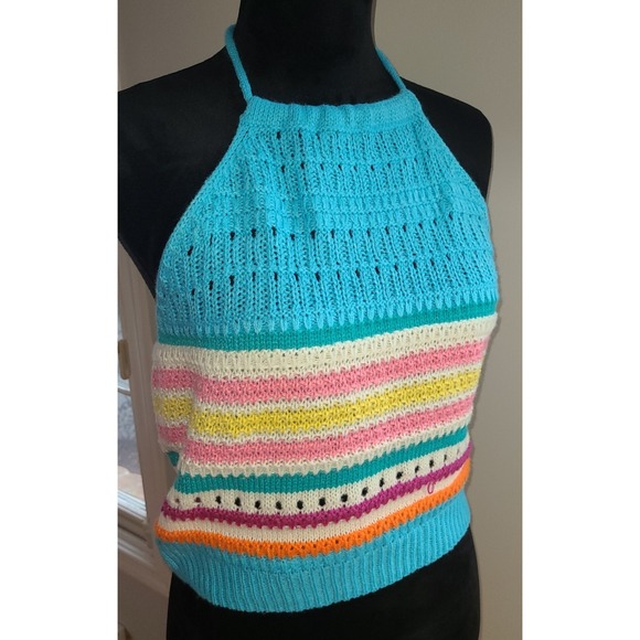 The Unbranded Brand Tops - Blue Pink striped halter Polyester BoHo Festival SUmmer Fun and Sun Festival